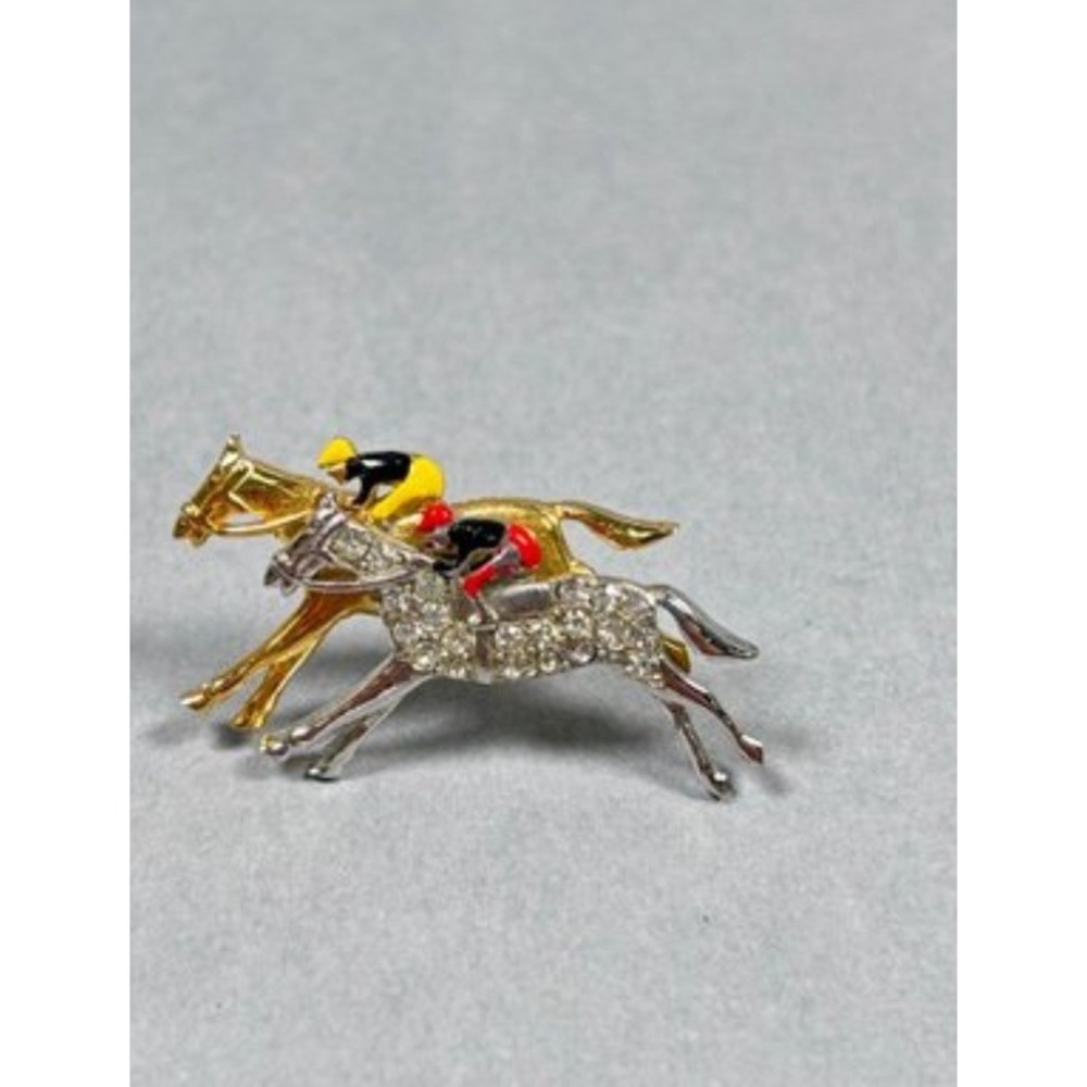 Vintage Horse Racing Brooch Pin Gold Silver Rhinestone Excellent Jockey
